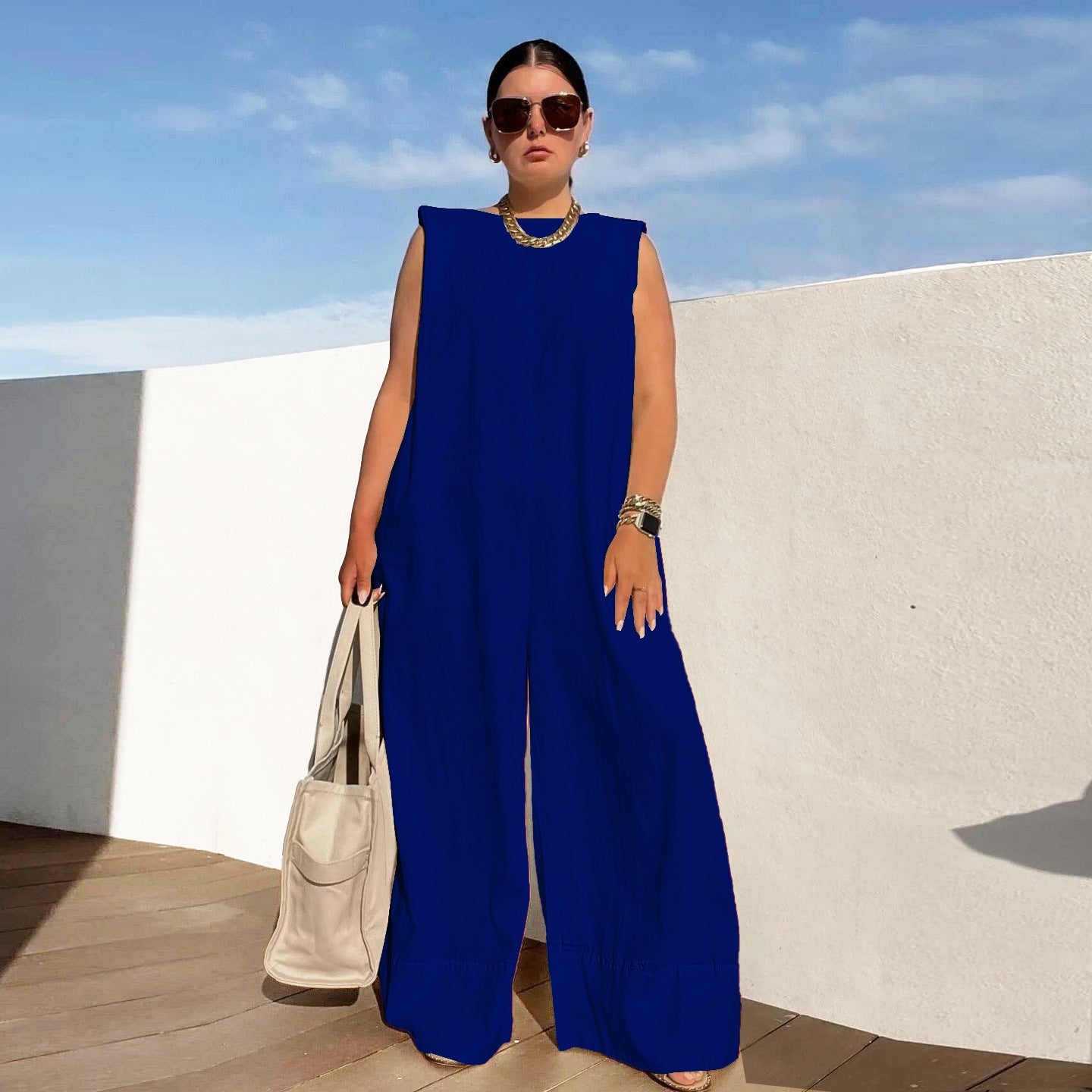 Damen Weit geschnittener Jumpsuit mit Kapuze und tiefer Taille R&B