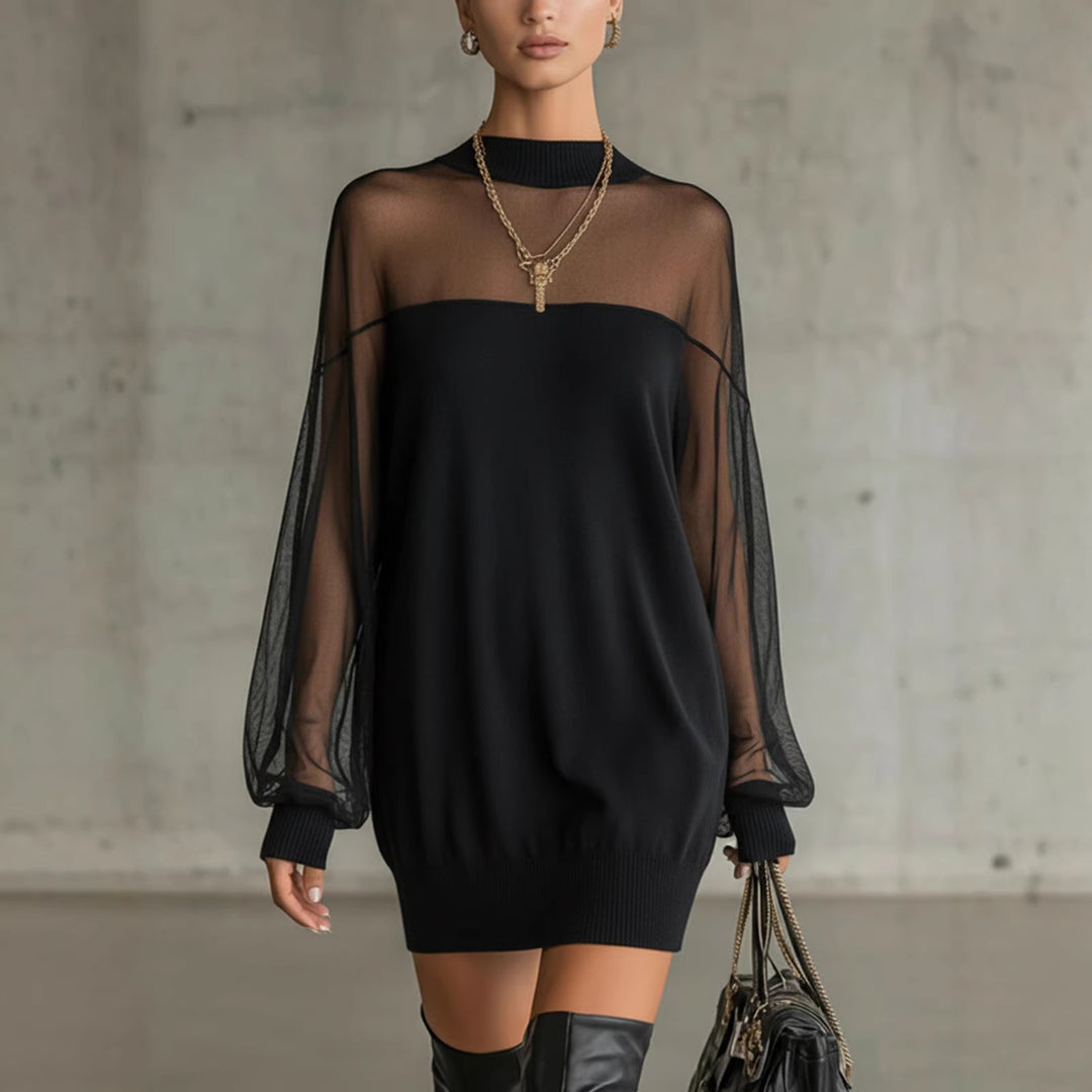Damen Luftiges Minikleid mit transparenten Ärmelpartien und stylischem Highneck R&B