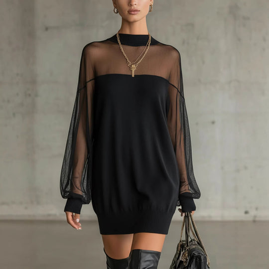 Damen Luftiges Minikleid mit transparenten Ärmelpartien und stylischem Highneck R&B