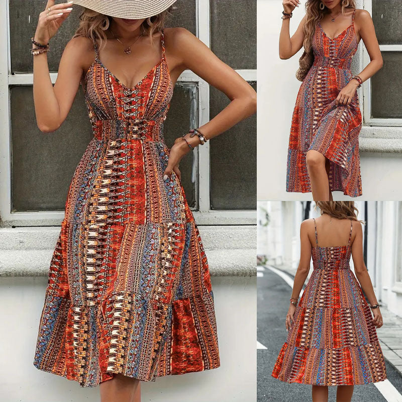 Damen Sommerkleid mit tiefem V-Ausschnitt und voluminösem Rock R&B