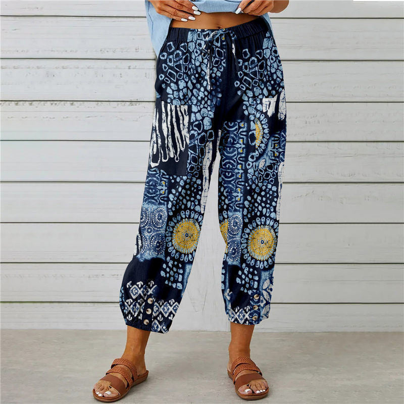 Damen lässige Pant mit floralem Druck und praktischen Knöpfen R&B