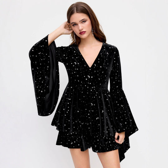 Damen Kurzes Samtkleid mit weitem Rock und aufregendem Sternenprint R&B