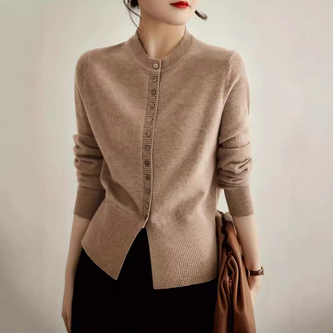 Damen modische Strickjacke mit Knopfleiste und Rippstrickdetails R&B