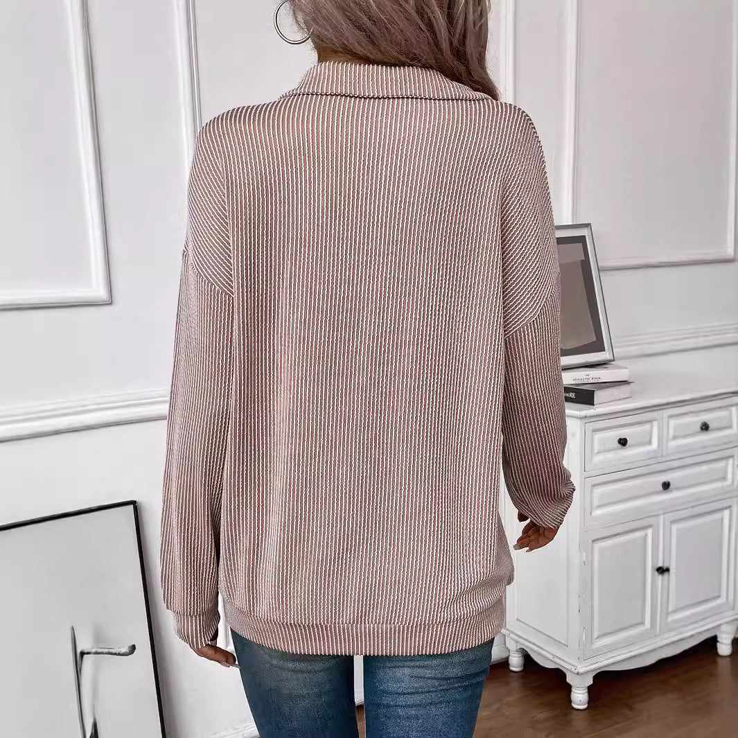 Damen lässiger Pullover mit Reißverschluss und gestreiftem Design R&B
