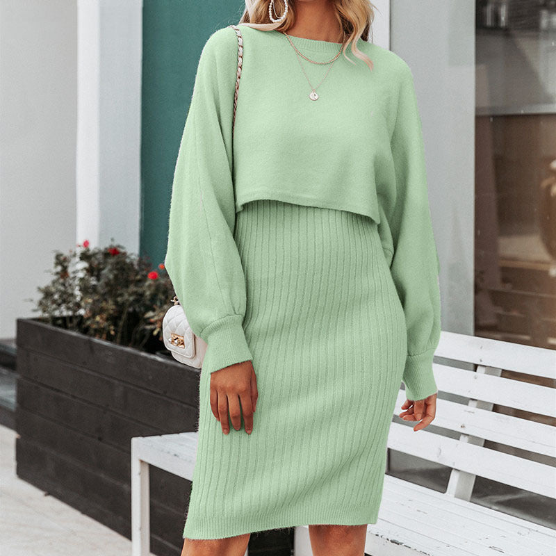 Damen gestricktes Midi-Kleid mit lässigem Cropped-Pullover-Oberteil und Rippenstruktur R&B