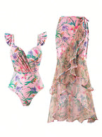 Damen Einteiler Badeanzug mit floralem Wickelrock R&B