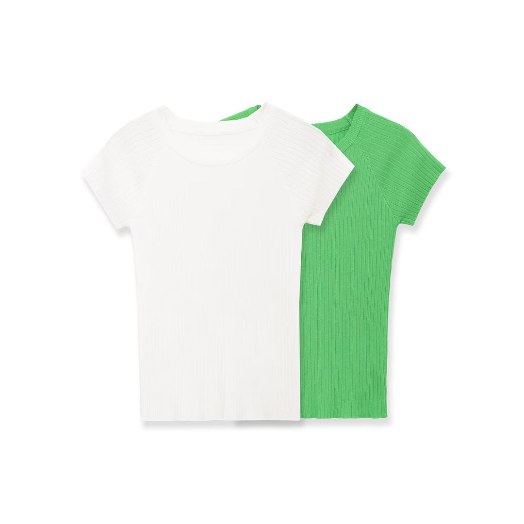 Damen figurbetontes Ripp-T-Shirt mit kurzen Ärmeln R&B
