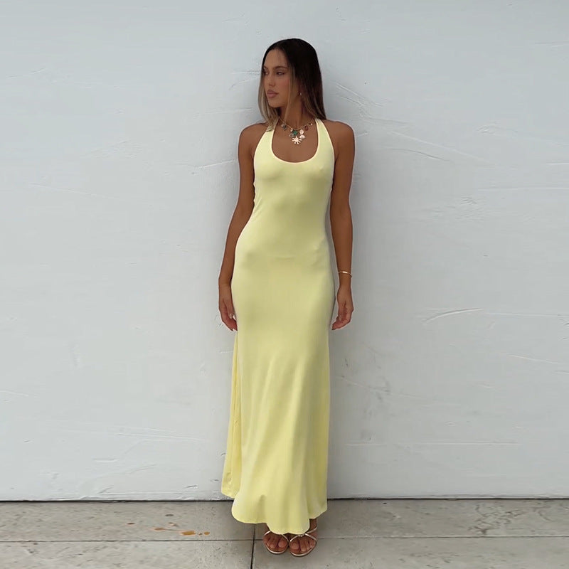 Damen bodenlanges Sommerkleid mit figurbetontem Schnitt und elegantem U-Boot-Ausschnitt EB