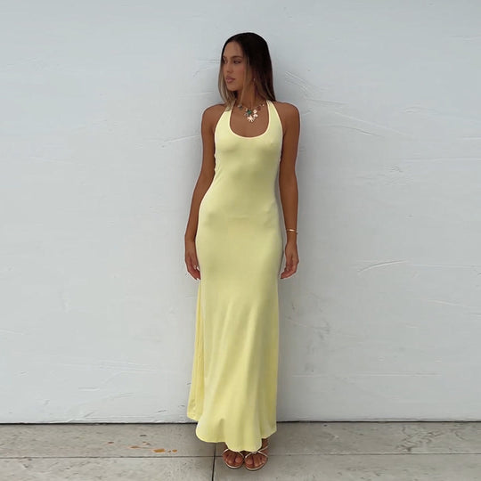 Damen bodenlanges Sommerkleid mit figurbetontem Schnitt und elegantem U-Boot-Ausschnitt R&B