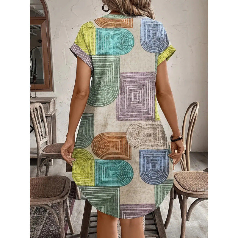 Damen Hemdblusenkleid mit geometrischem Muster und kurzen Ärmeln R&B
