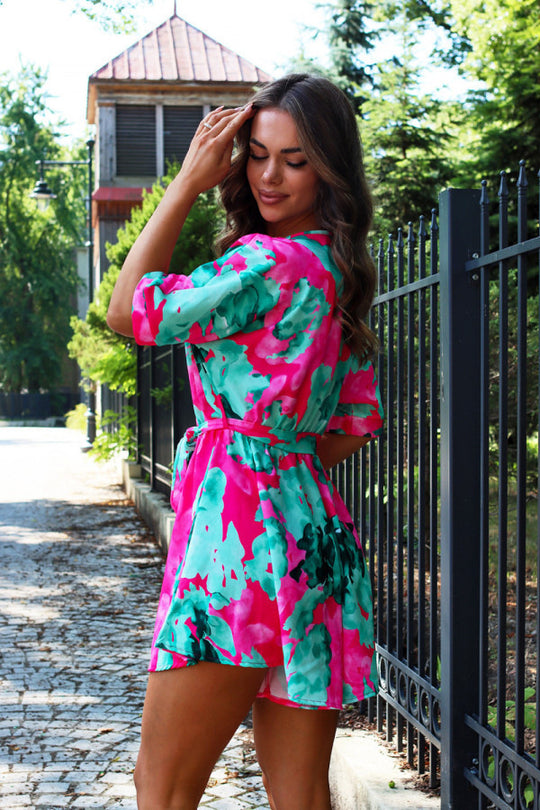 Damen lässiges Strandkleid mit Taillengürtel und floralem Muster R&B