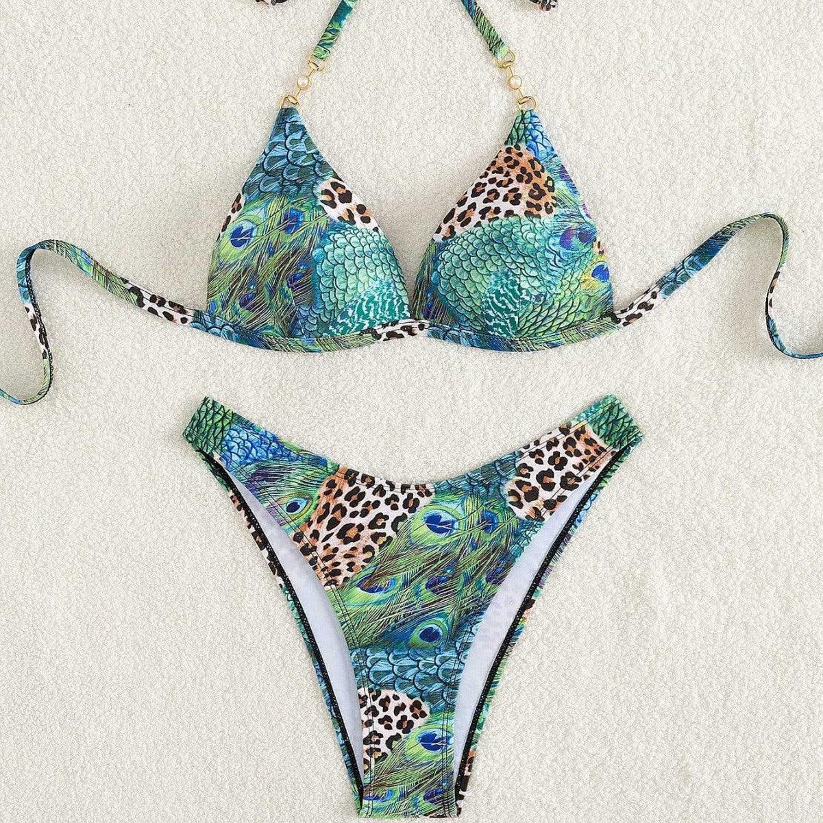 Damen Triangel-Bikini mit lR&Bendigem Tier- und Pfauenmotiv R&B