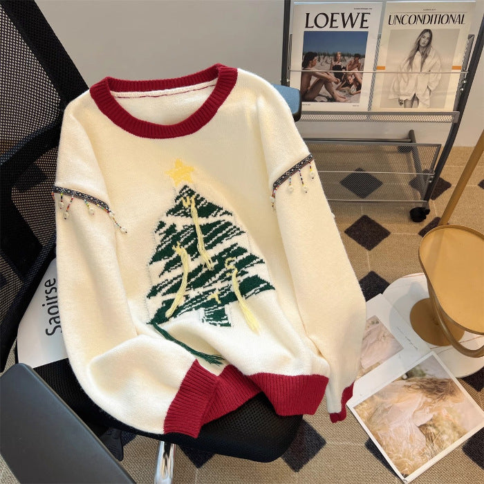 Damen festlicher Strickpullover mit Tannenbaum-Motiv und verspielten Akzenten R&B