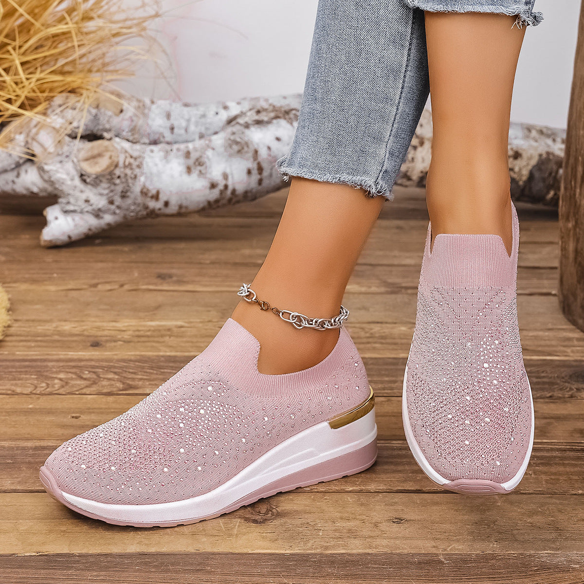 Damen Sneakers mit funkelnden Akzenten und elastischem Strickoberteil R&B