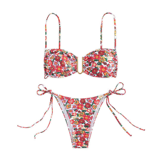 Damen Blumenmuster Bikini mit verstellbaren Trägern und elegantem Goldring R&B