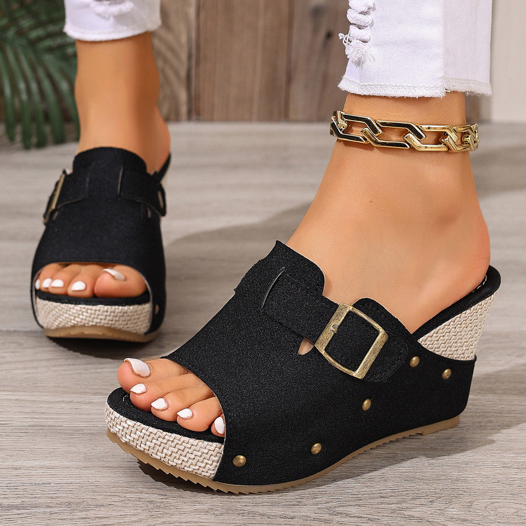 Damen Wedge-Pantoletten mit modischem Schnallen-Design und hochwertigem Obermaterial R&B