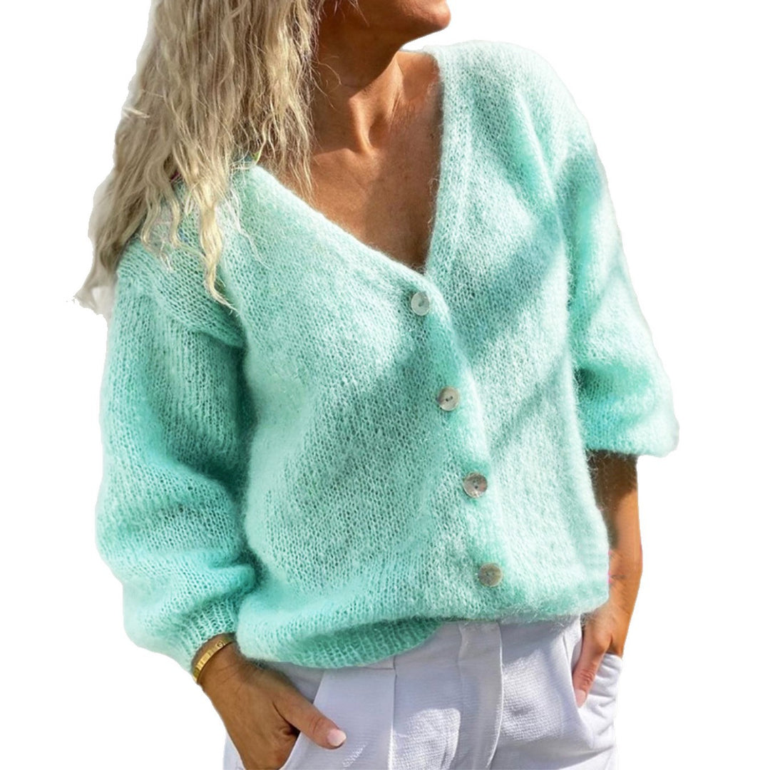 Damen gemütliche Strickjacke mit V-Ausschnitt und lässigen Puffärmeln R&B