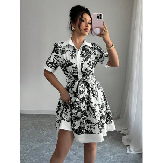 Damen Hemdblusenkleid mit floralem Muster und Taillengürtel R&B