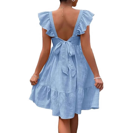 Damen luftiges Baumwollkleid mit Rüschendetails und offenen Rücken R&B