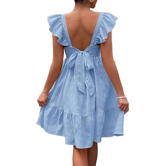Damen luftiges Baumwollkleid mit Rüschendetails und offenen Rücken R&B