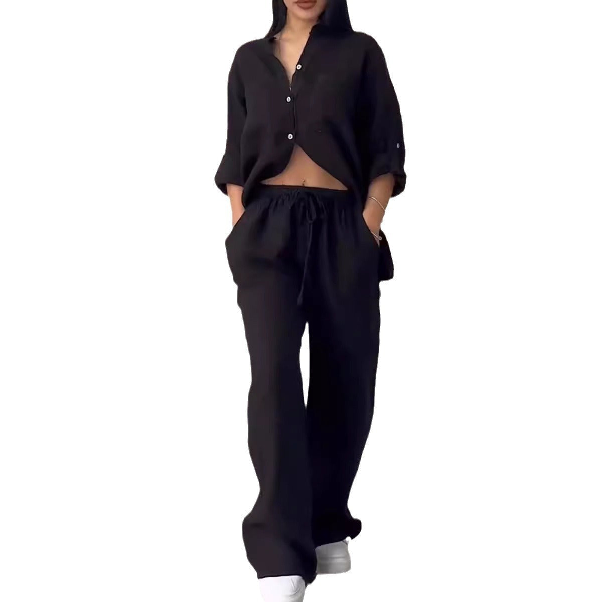 Damen nan lässiges Leinen-Zweiteiler Set mit lockerer Hemdbluse, aufgesetzten Brusttaschen und elastischer Tunnelzug-Hosenbund R&B