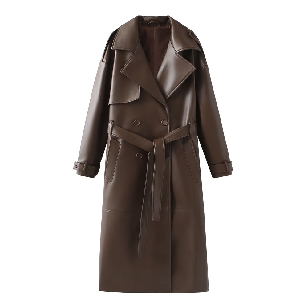 Damen Kunstleder-Trenchcoat mit elegantem Schnitt und taillierbarem Gürtel R&B