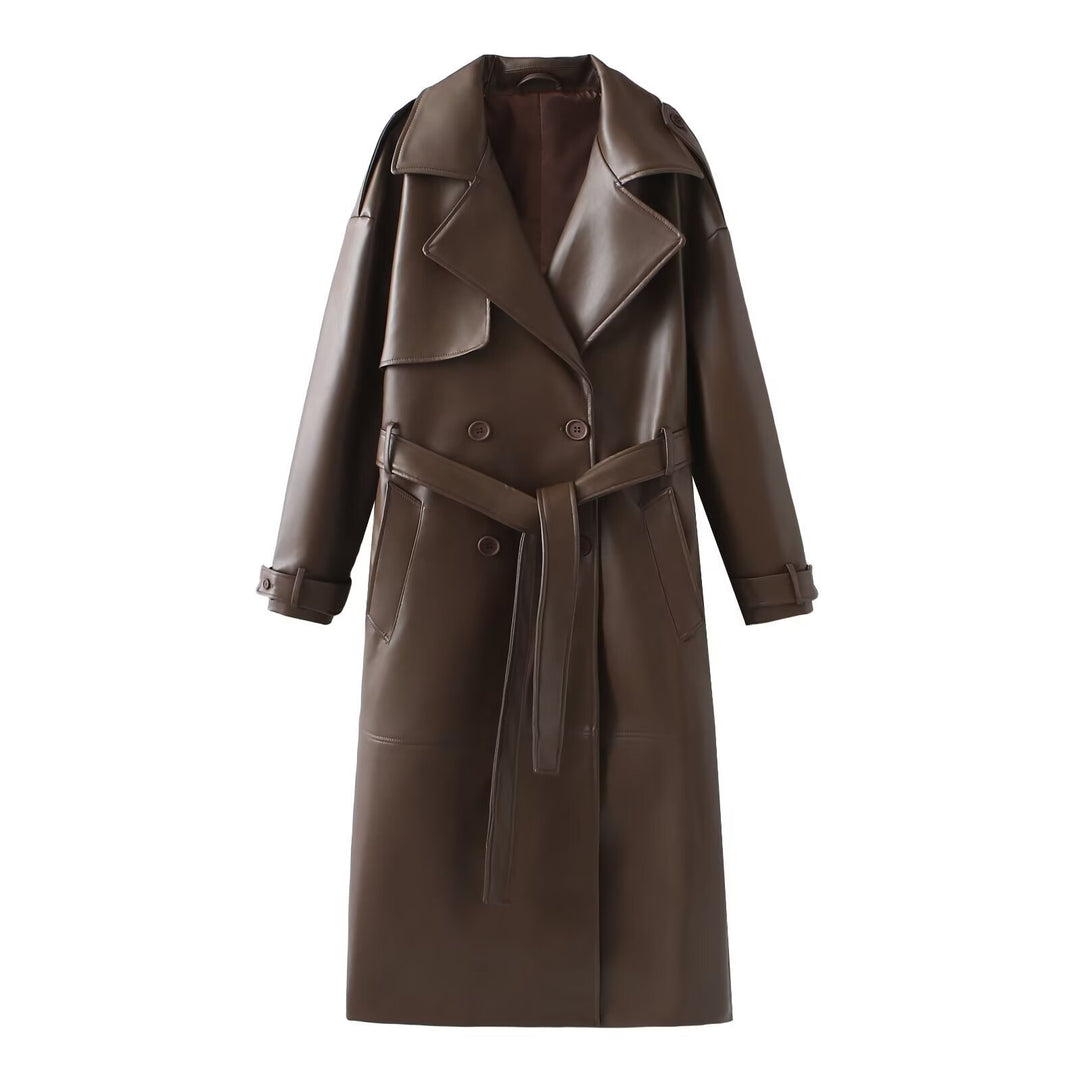 Damen Kunstleder-Trenchcoat mit elegantem Schnitt und taillierbarem Gürtel R&B