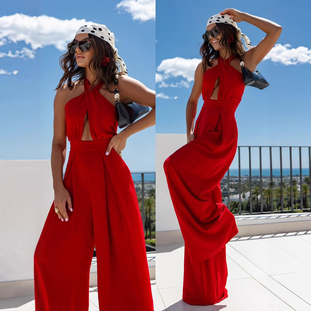 Damen Jumpsuit mit tiefem V-Ausschnitt und weiten Beinen R&B