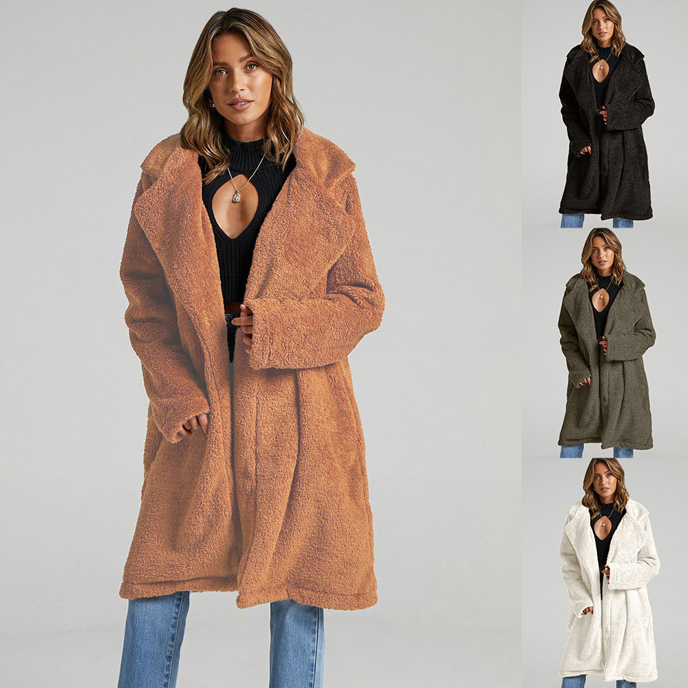 Damen Lange, flauschige Teddy-Jacke mit Revers R&B