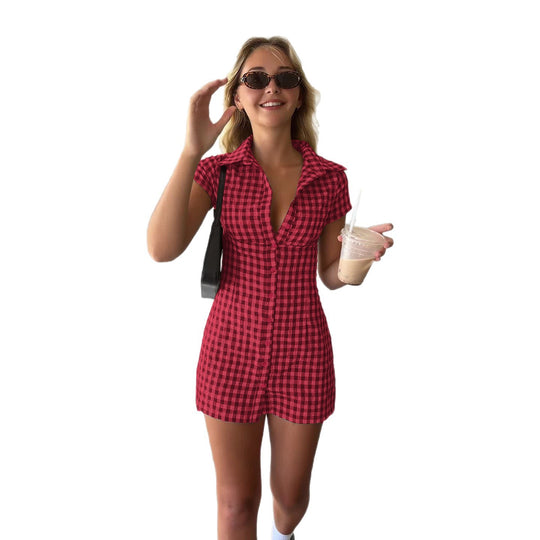 Damen Hemdblusenkleid im klassischen Karomuster mit tailliertem Schnitt und kurzen Ärmeln R&B