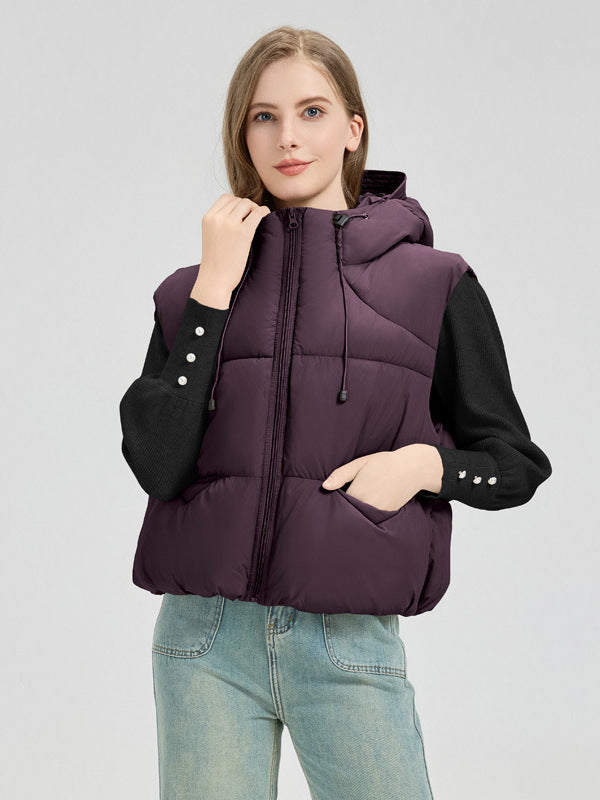 Damen gesteppte Weste mit abnehmbarer Kapuze und seitlichen Eingrifftaschen R&B