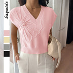 Damen V-Ausschnitt Strickoberteil mit floralem Relieffinish R&B