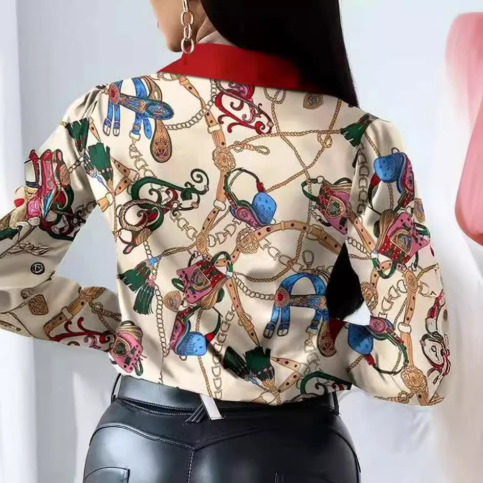 Damen elegante Bluse mit künstlerischem Druck und dekorativen Akzenten R&B
