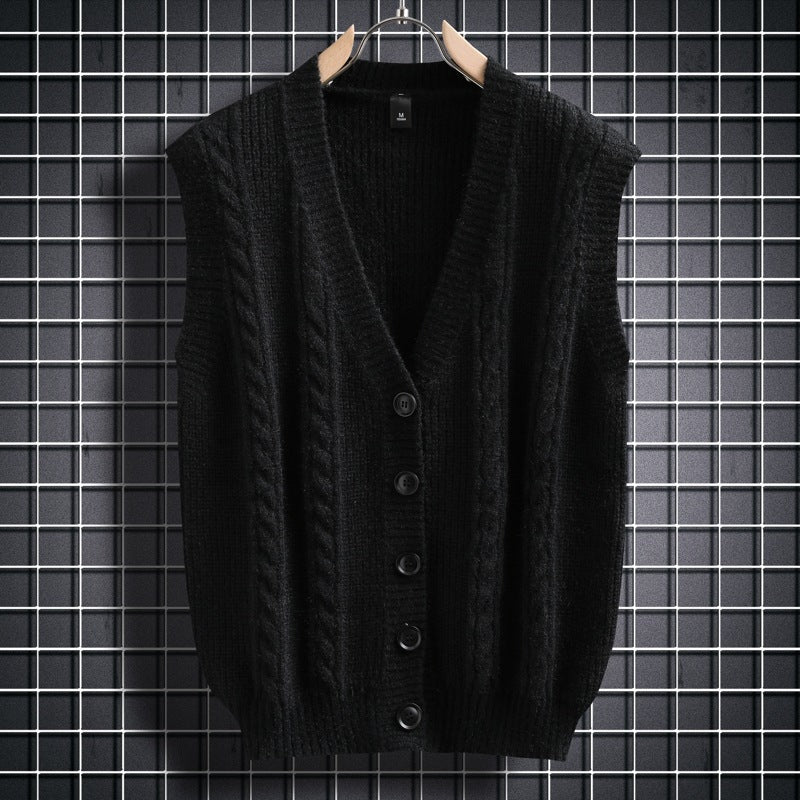 Herren ärmellose Strickjacke mit Zopfmuster und Knopfdetails R&B