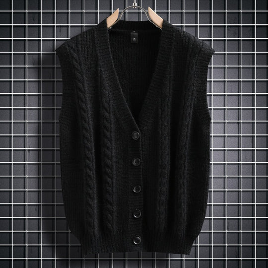 Herren ärmellose Strickjacke mit Zopfmuster und Knopfdetails R&B