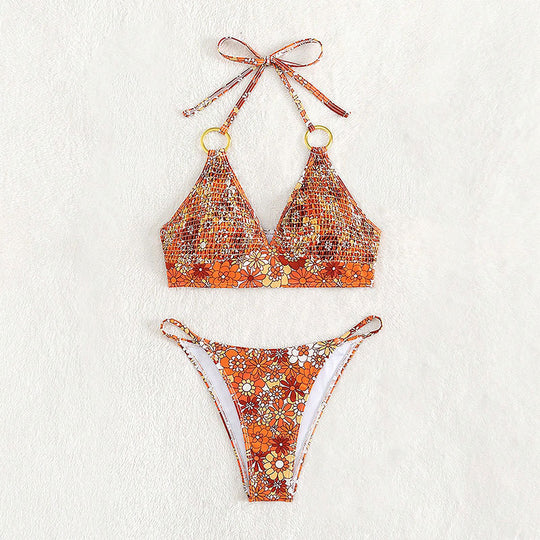 Damen Triangel-Bikini mit modischem Blütenmuster und eleganten Ringdetails R&B