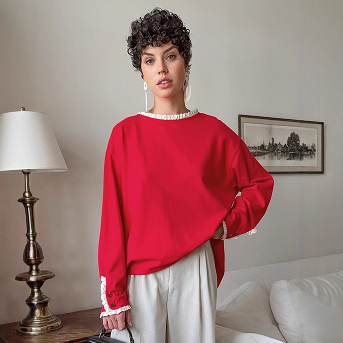 Damen eleganter Oversized-Pullover mit Rüschenärmeln R&B