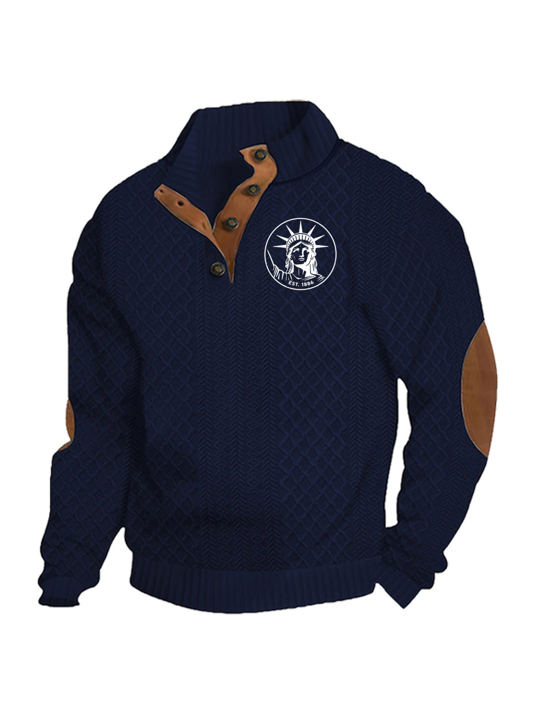Herren nan Heritage-Strukturpullover mit Stehkragen Lederimitat-Besatz Ellenbogen-Patches und Halbknopfleiste R&B
