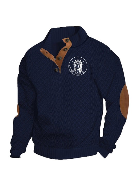 Herren nan Heritage-Strukturpullover mit Stehkragen Lederimitat-Besatz Ellenbogen-Patches und Halbknopfleiste R&B