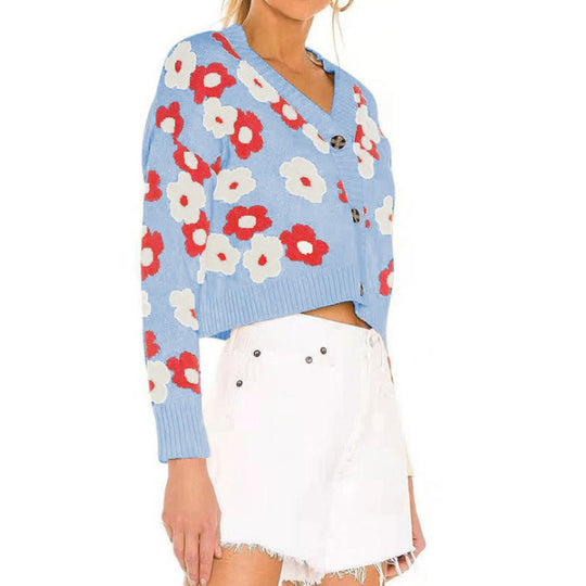 Damen Strickjacke mit floralen Mustern und dekorativen Knöpfen R&B