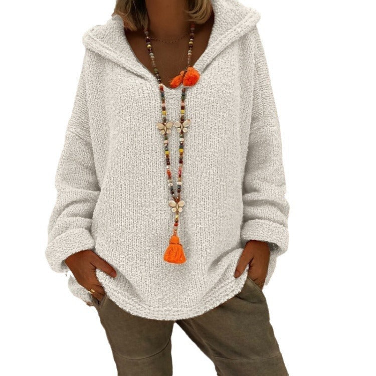 Damen bequemer Strickpullover mit Kapuze und lässigem Schnitt R&B