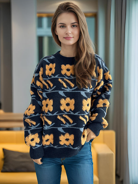 Damen Strickpullover mit floralem Muster und lässigem Schnitt R&B