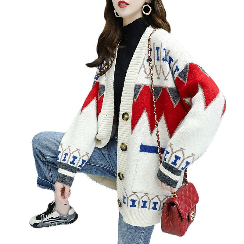 Damen Strickjacke mit farbenfrohem Design und großen Knöpfen R&B