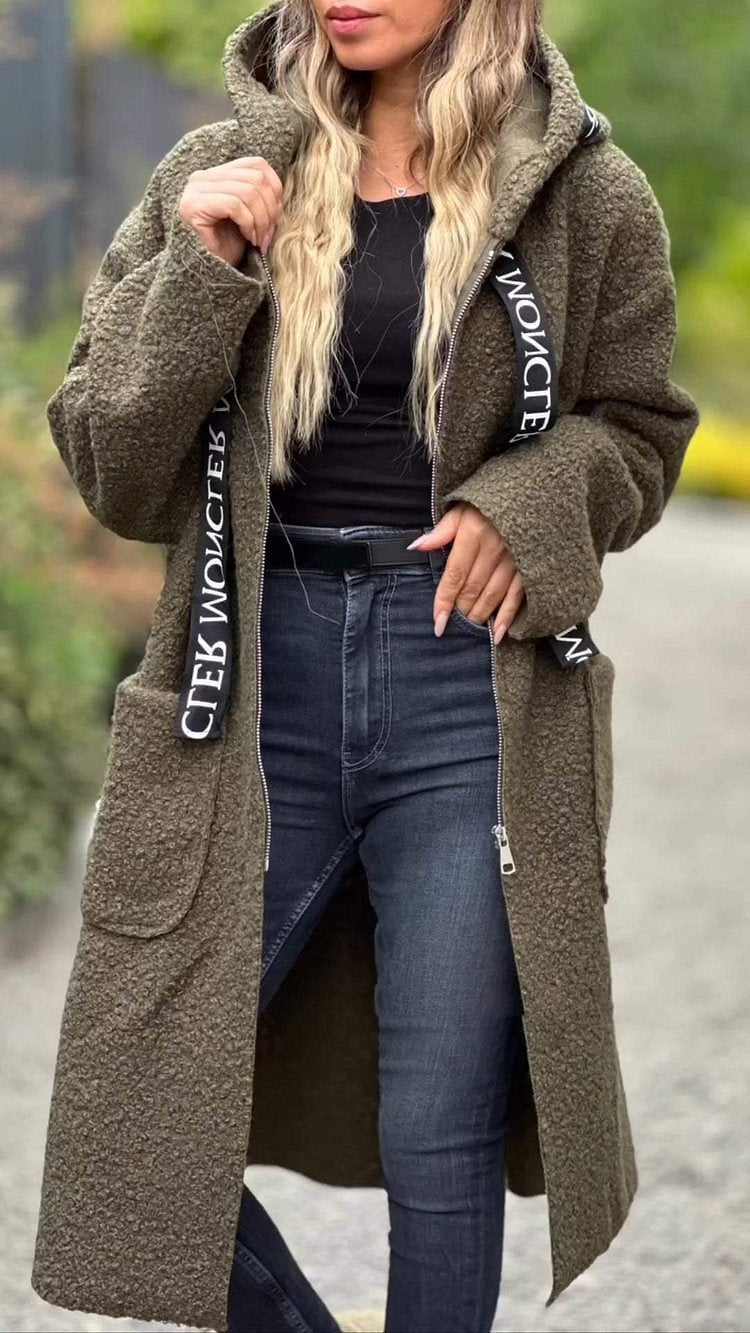 Damen Modischer Oversized-Fleece-Mantel mit praktischen Taschen und Kapuze R&B
