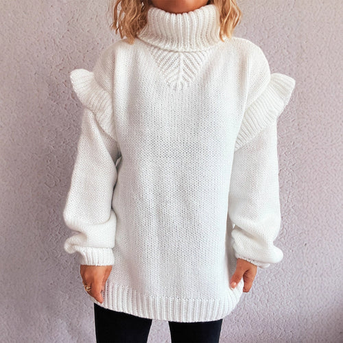 Damen kuscheliger Strickpullover mit Rüschenärmeln und hohem Kragen R&B