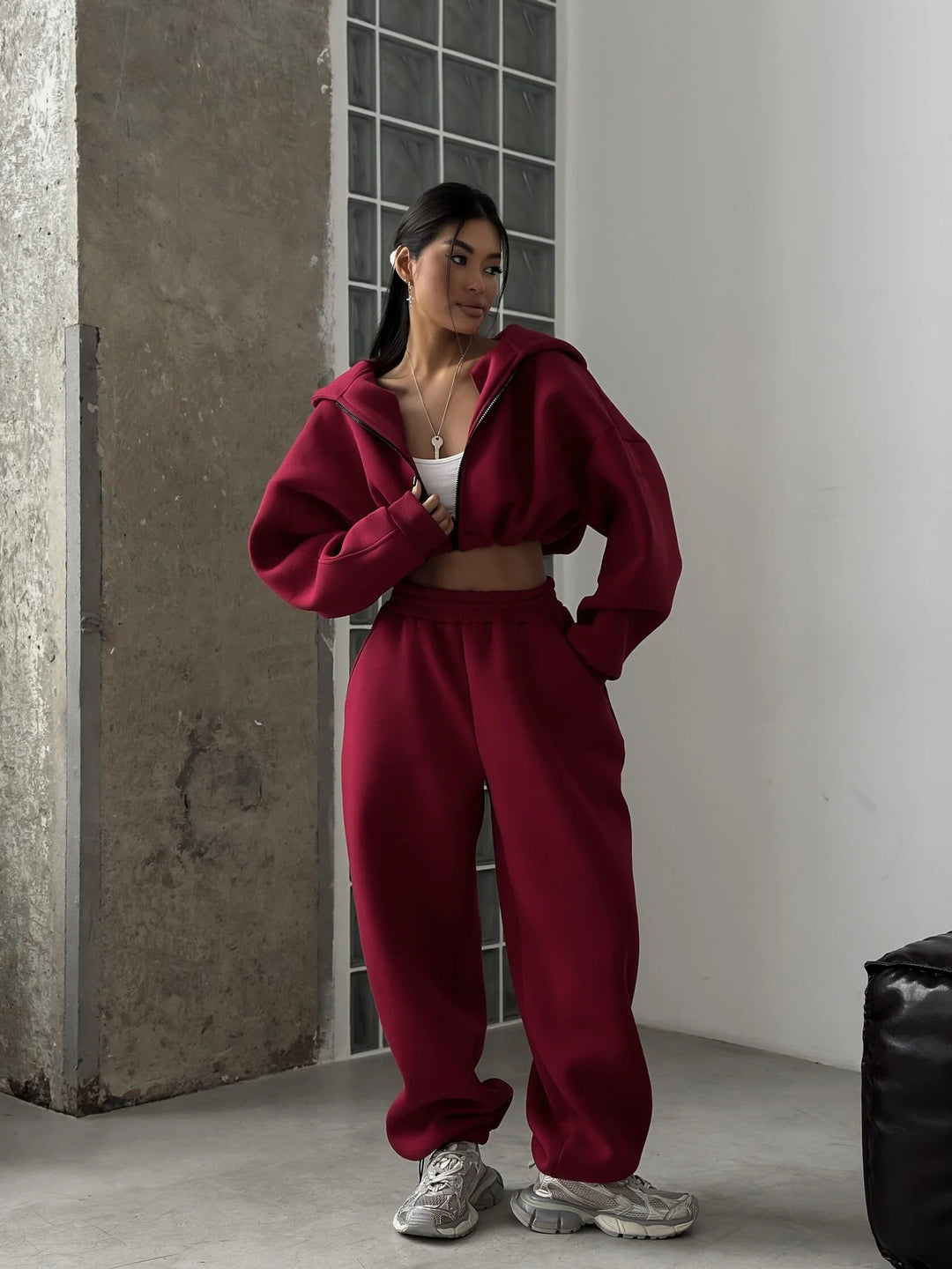 Damen lässiges Cropped-Hoodie und Jogginghose Set R&B