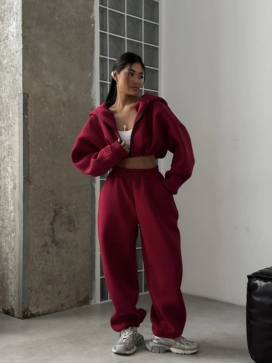 Damen lässiges Cropped-Hoodie und Jogginghose Set R&B