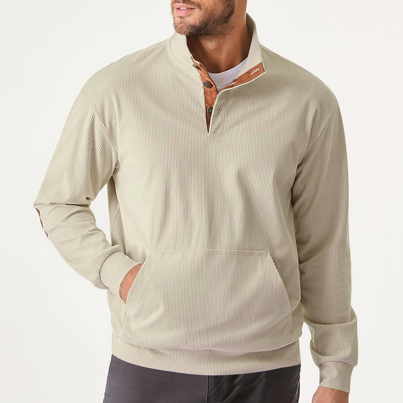 Herren nan geripptes Stehkragen-Pullover mit Knopfleiste, Kängurutasche und Wildleder-Ellenbogenpatches R&B