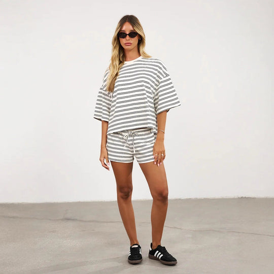 Damen stylisches Freizeit-Set mit breitem Rundhalsausschnitt und elastischem Bund R&B
