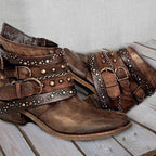 Damen nan knöchelhohe Biker-Stiefelette mit mehreren Nietenriemen, dekorativen Ketten und verstellbaren Schnallen R&B